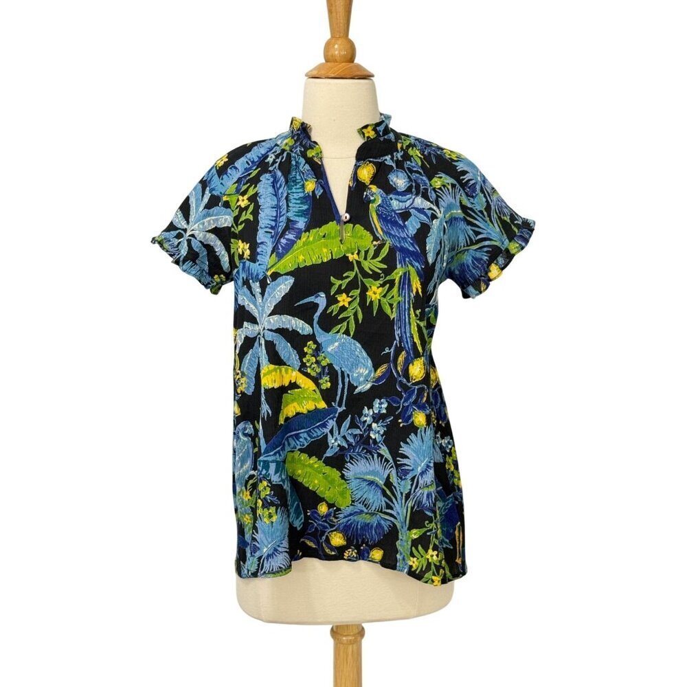 Banjanan Anthropologie Blue Bird Ruffle Top Short Sleeve Tropical Cotton Size XS